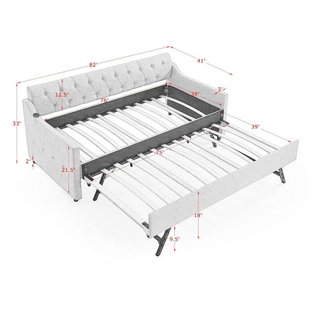 Twin Linen Upholstery Daybed With Erectable Trundle USB Charging - Omega Lifestyles
