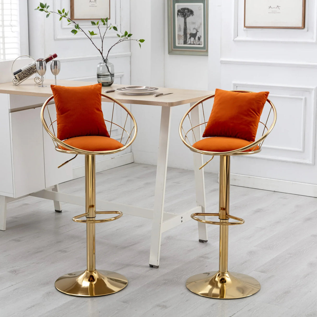Set of 2 Orange Velvet Adjustable Height Bar Chairs - Omega Lifestyles