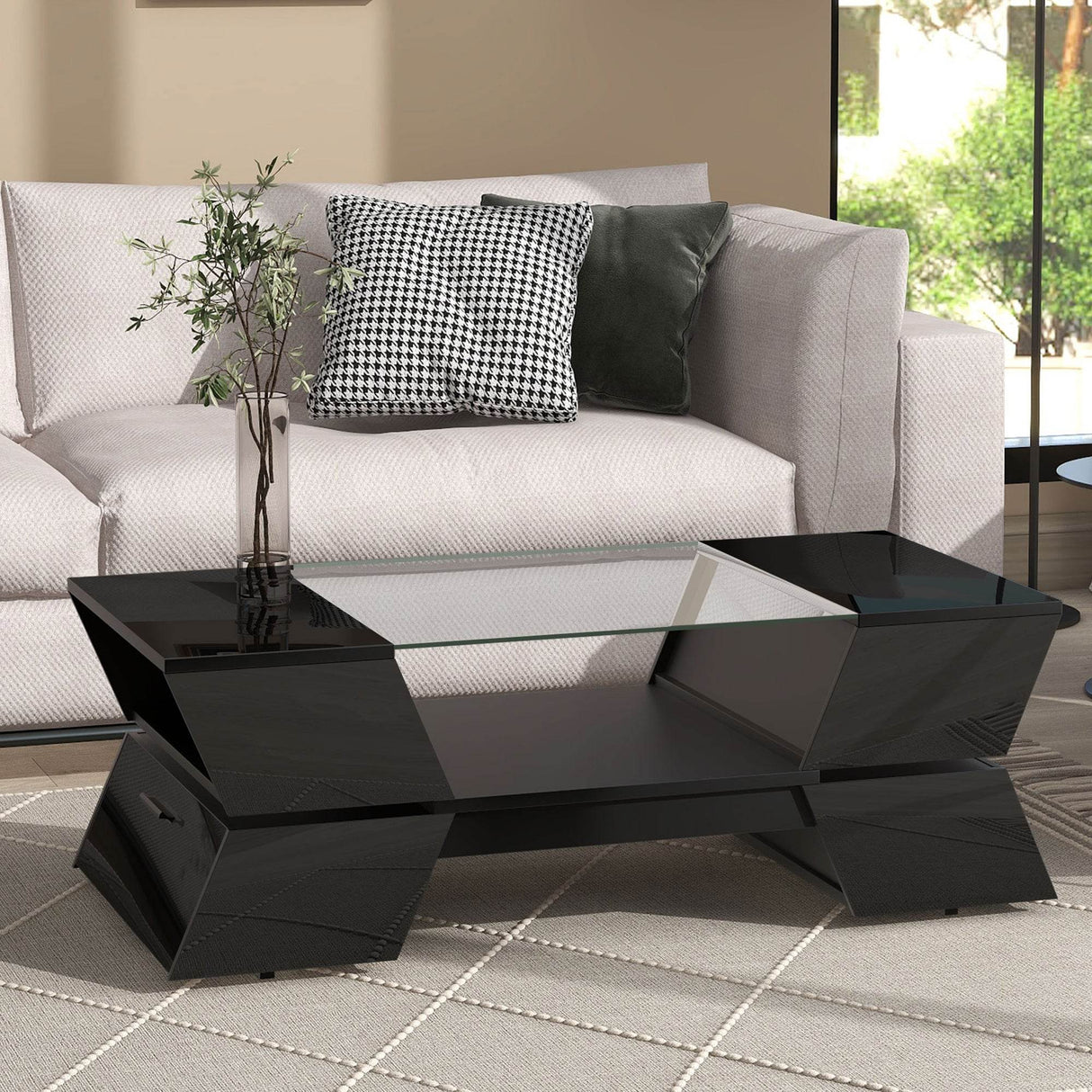 Modernist 2-Tier Black Tempered Glass Coffee Table - Sleep Galleria