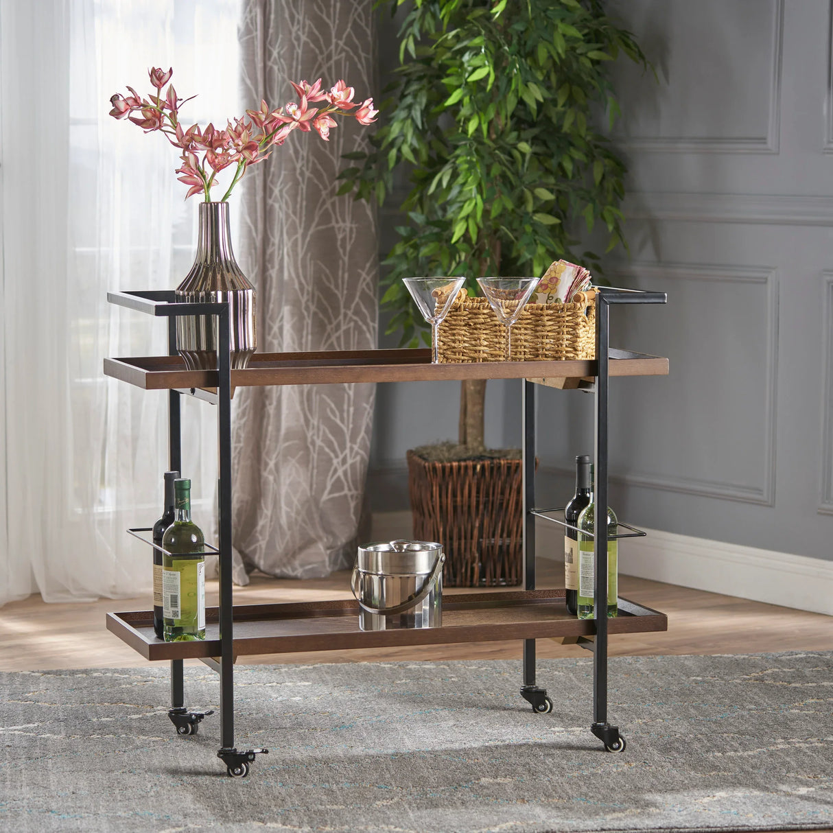 Modern Industrial Walnut Wood Rolling Bar Cart - Omega Lifestyles