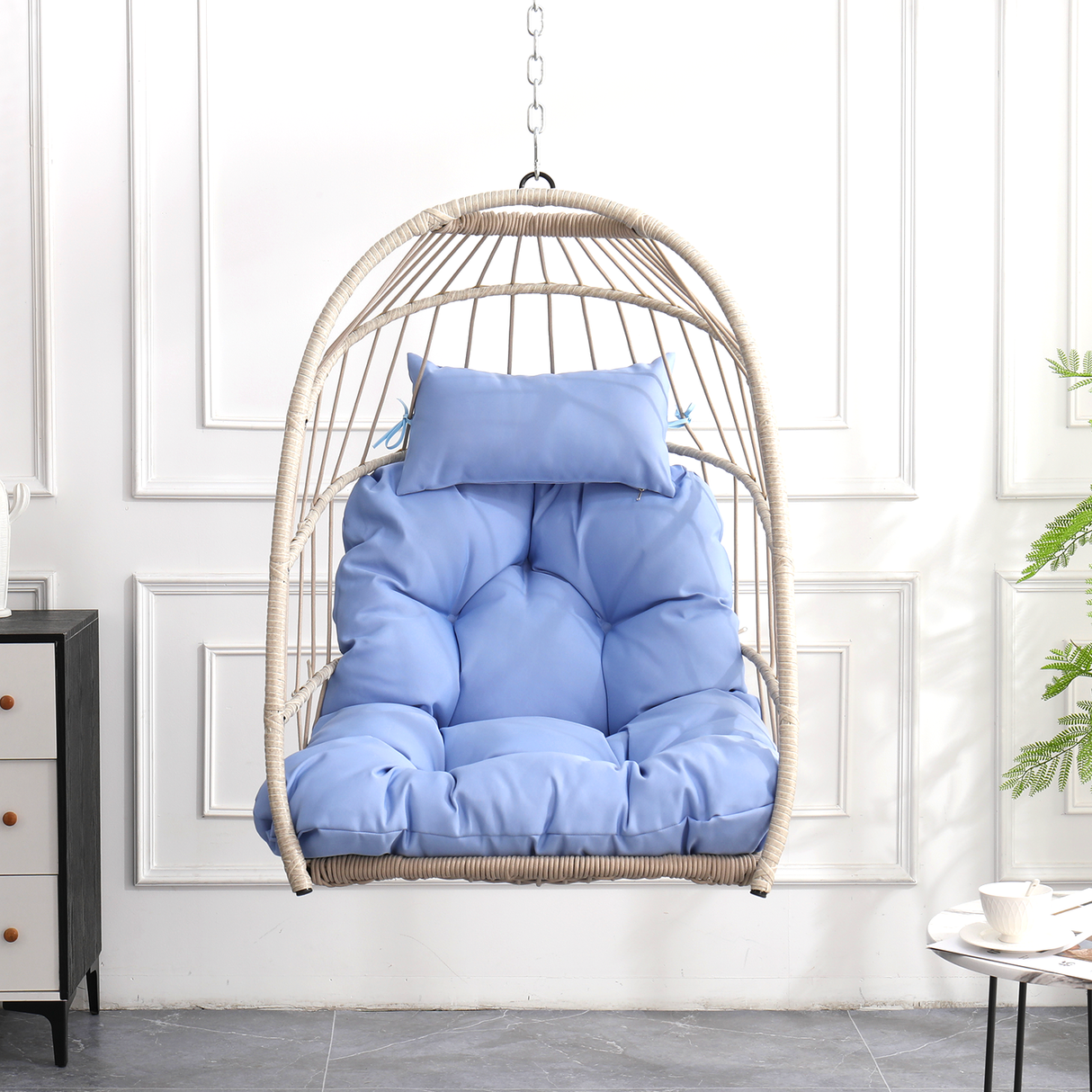 Outdoor Blue HDPE Foldable Rattan Egg Swing Chair