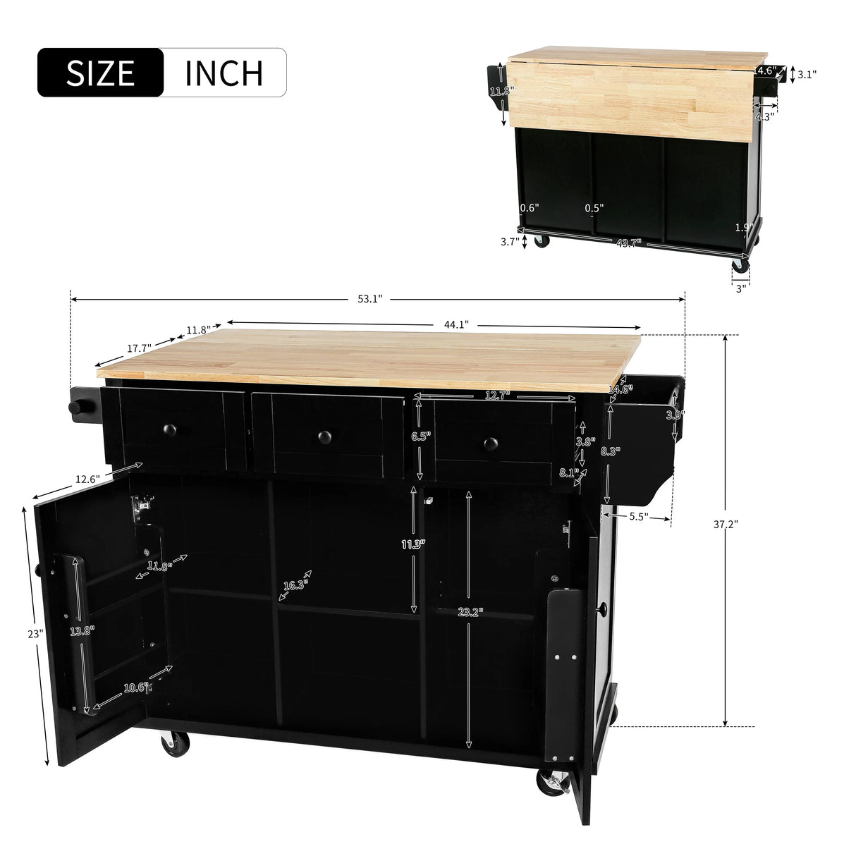 Kitchen Cart With Rubber Wood Drop-Leaf Countertop Storage - Omega Lifestyles