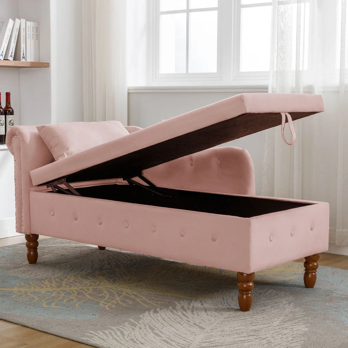 Pink Velvet Storage Chaise Lounge With Pillow - Omega Lifestyles