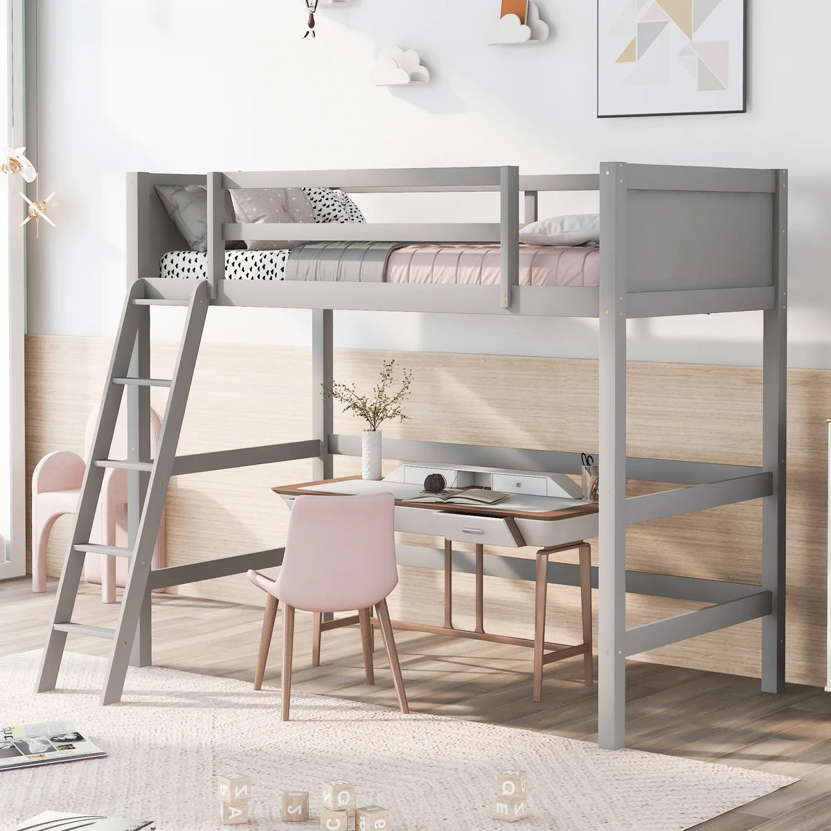 Solid Wood Twin Loft Bed With Ladder Gray - Omega Lifestyles