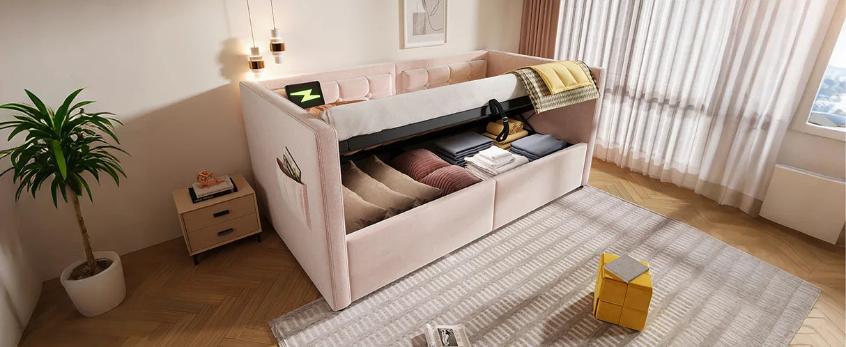 Twin Pink Velvet Upholstered Hydraulic Storage Bed Frame - Omega Lifestyles