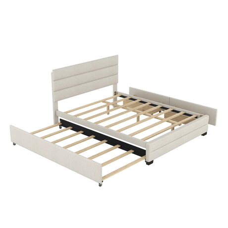 Queen Upholstered Platform Bed With Twin Trundle And Storage Drawers - Omega Lifestyles