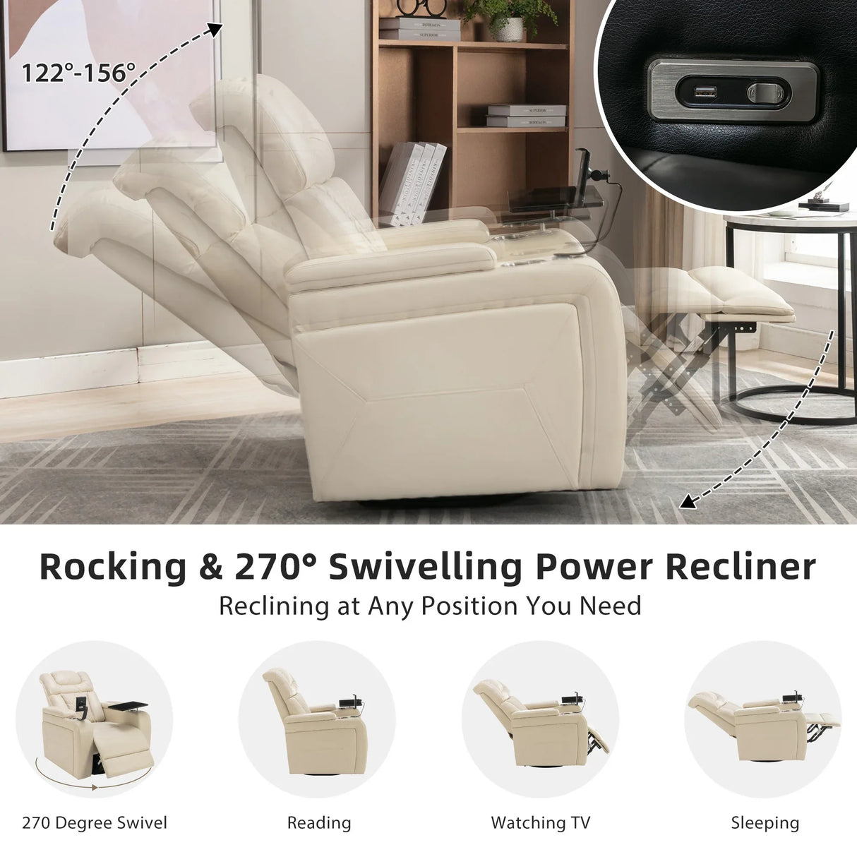 Power PU Leather Recliner Chair With Tray Table USB Port - Omega Lifestyles