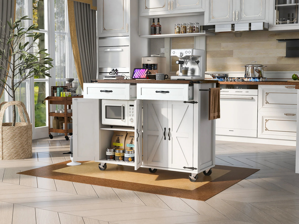 Farmhouse Style Rolling Kitchen Island With Power Outlet - Omega Lifestyles