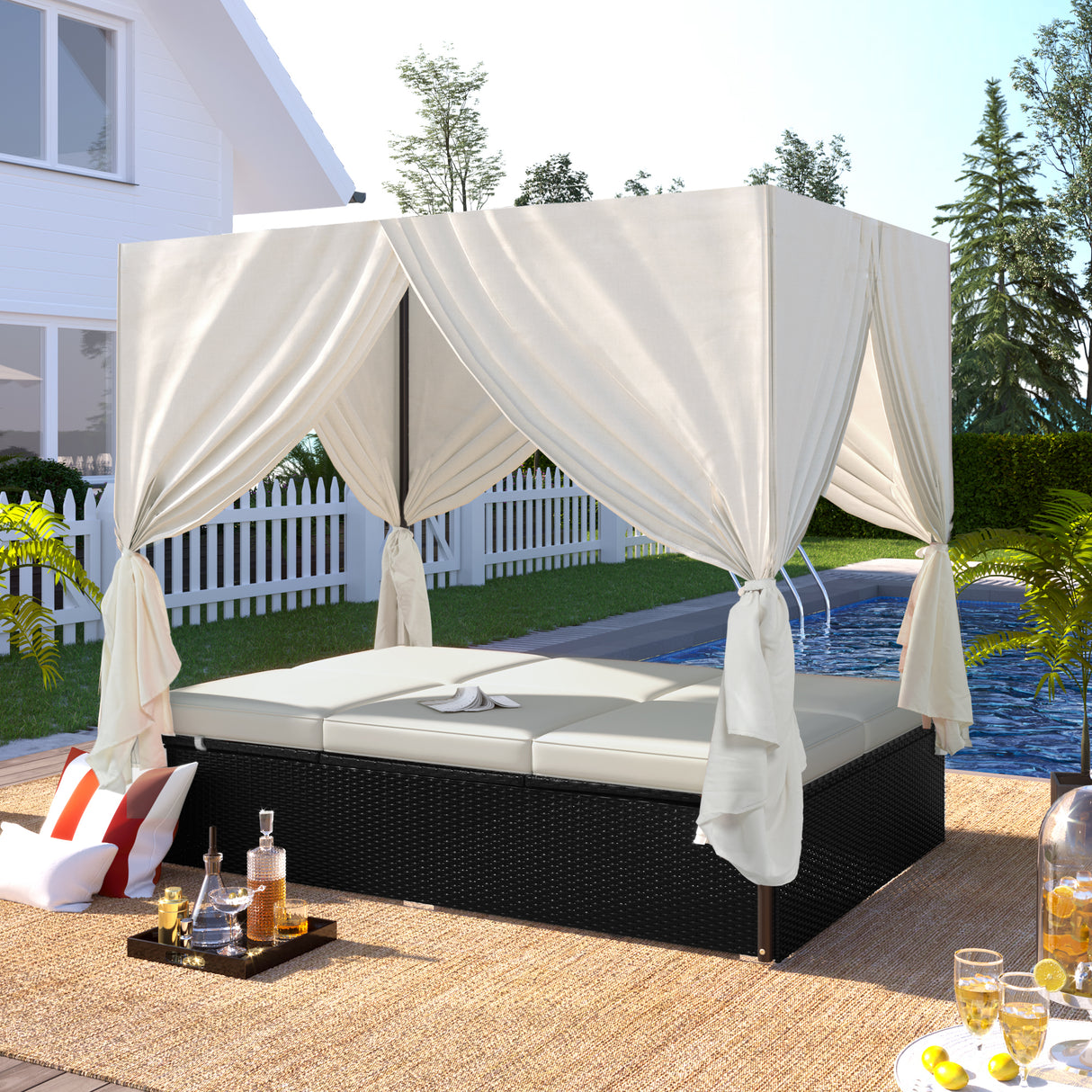 Outdoor Patio Adjustable Beige PE Rattan Sunbed Daybed