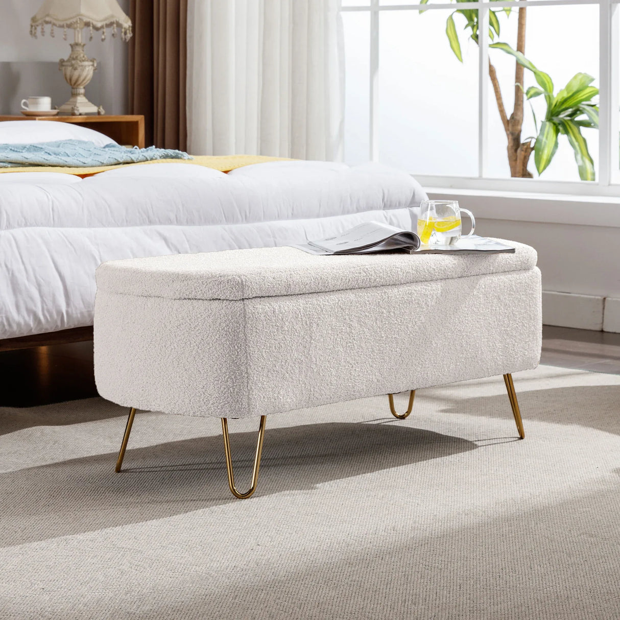 Ivory Faux Fur Upholstered Storage Bench With Gold Legs - Omega Lifestyles