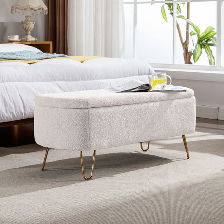 Ivory Faux Fur Upholstered Storage Bench With Gold Legs - Omega Lifestyles