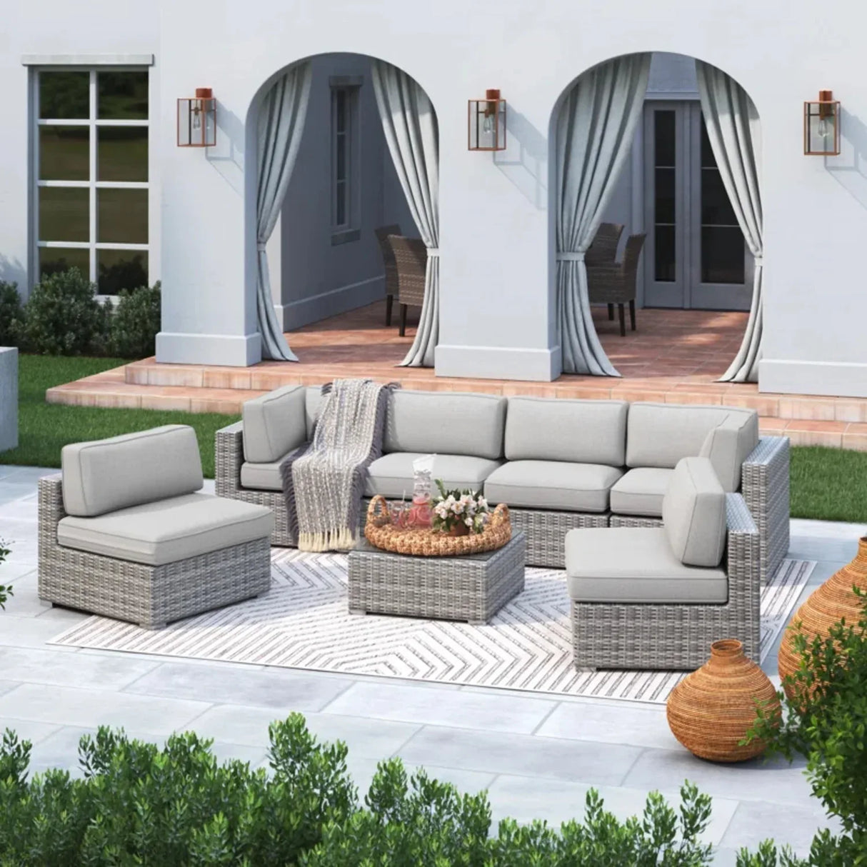 6-Piece Grey Mix Rattan Wicker Outdoor Sectional Patio Set - Omega Lifestyles