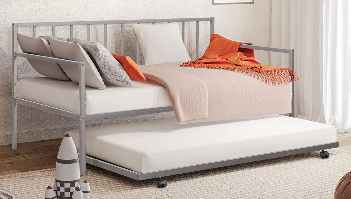 Twin Contemporary Silver Metal Daybed With Trundle Mattress Ready - Omega Lifestyles