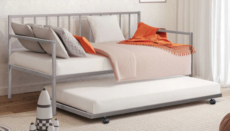 Twin Contemporary Silver Metal Daybed With Trundle Mattress Ready - Omega Lifestyles