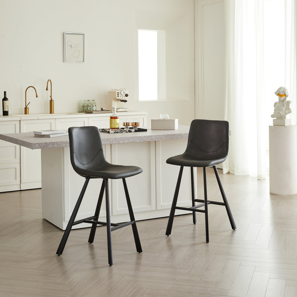 Set Of 2 Modern Black Faux Leather Ergonomic Bar Stools