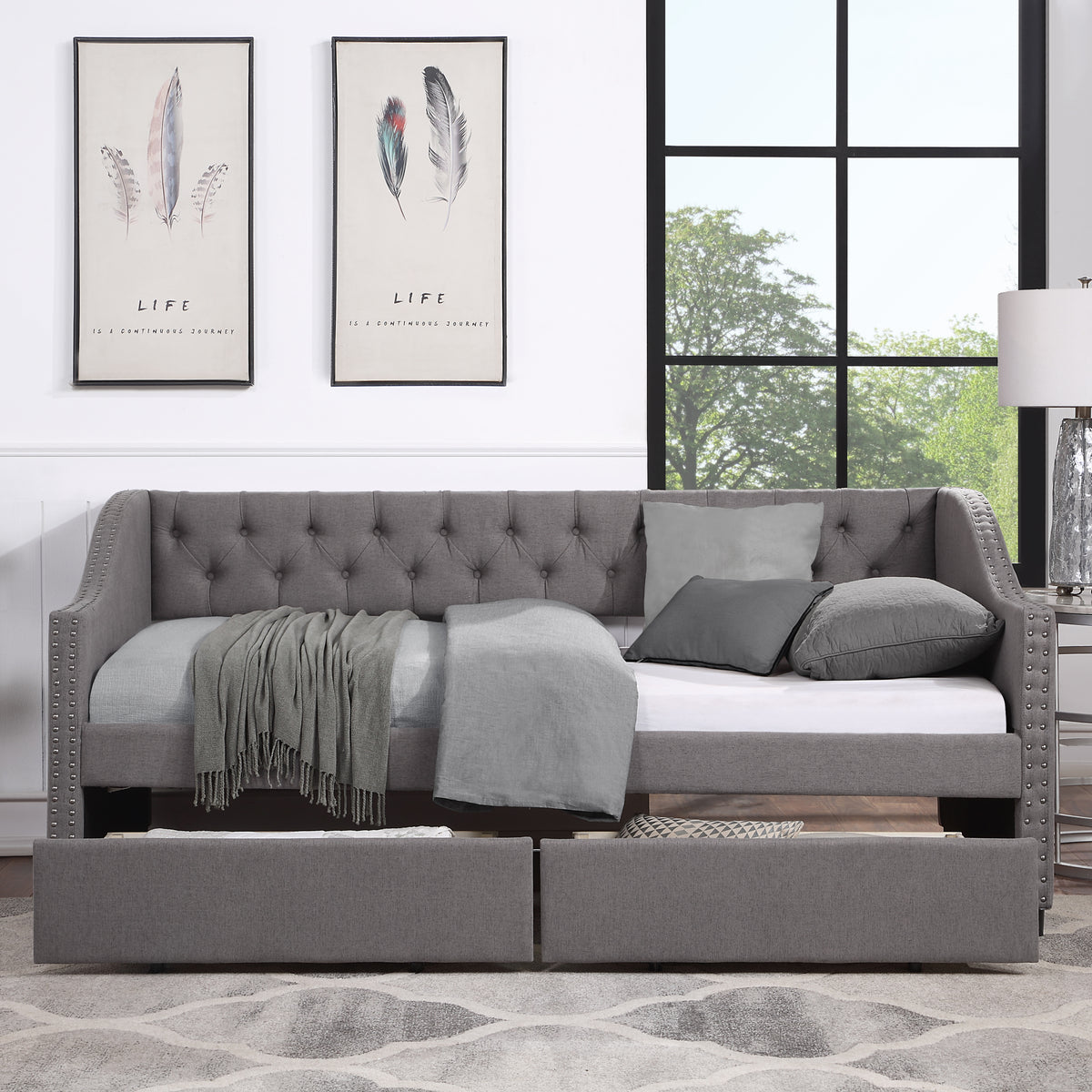 Twin Upholstered Daybed With Two Storage Drawers Gray