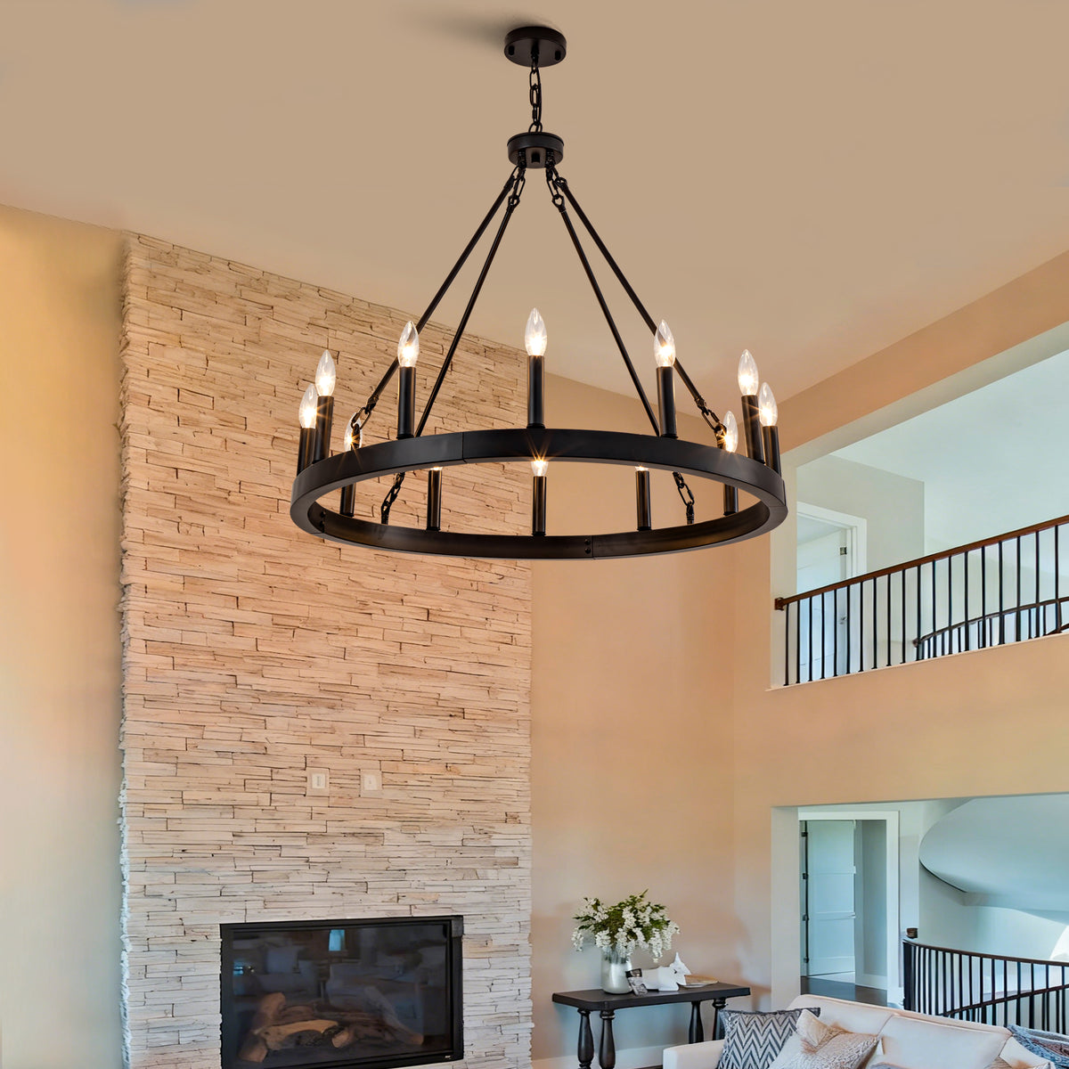 12-Light Black Iron Wagon Wheel Pendant Light