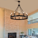 12-Light Black Iron Wagon Wheel Pendant Light