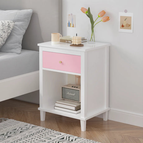 Pink MDF Wooden Nightstand With Drawer And Shelf - Omega Lifestyles