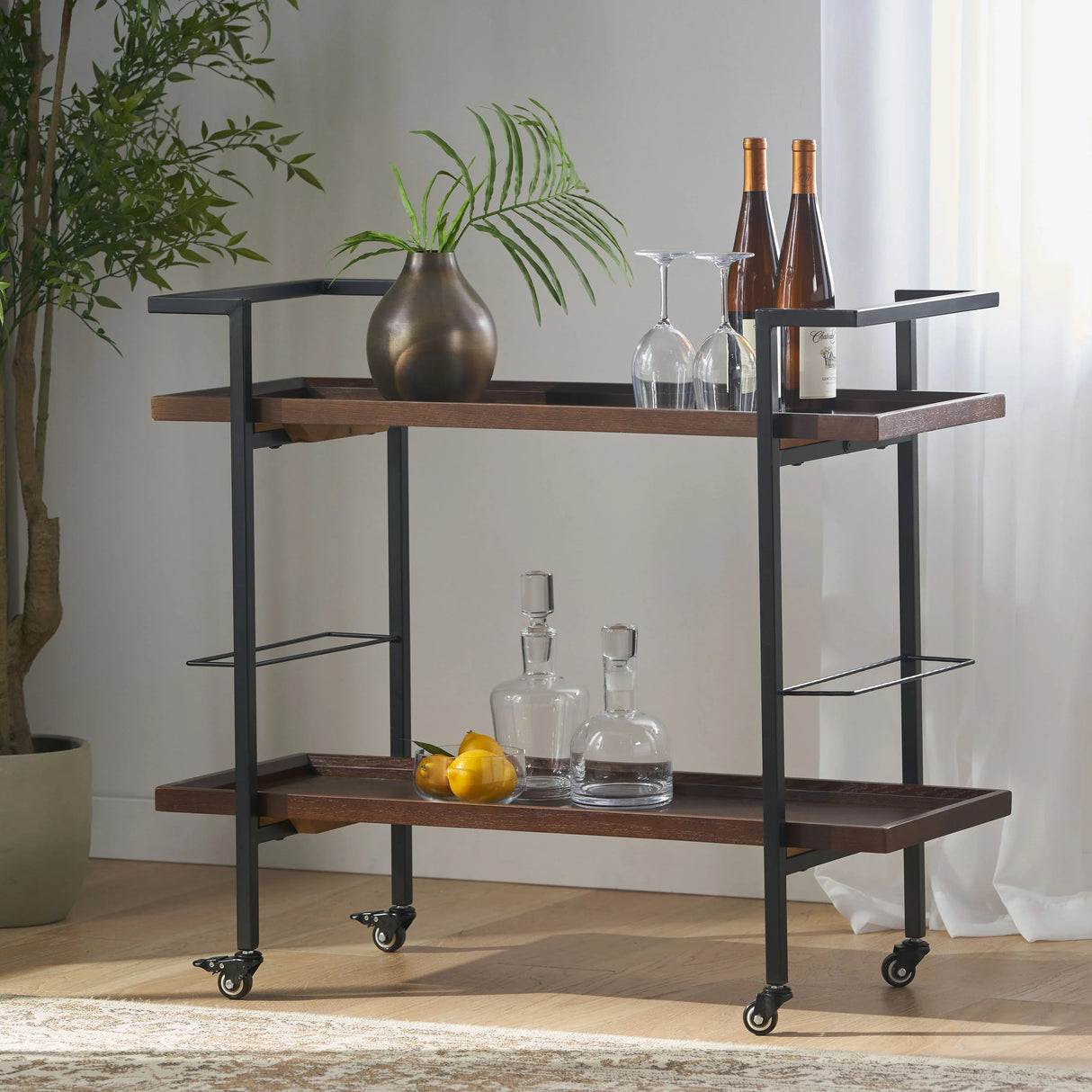 Modern Industrial Walnut Wood Rolling Bar Cart - Omega Lifestyles