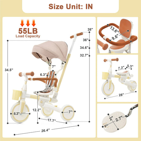 7-in-1 Multifunctional Aluminum Toddler Tricycle With Canopy - Omega Lifestyles