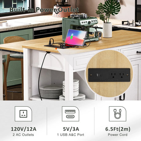 47-Inch Extendable Rubber Wood Veneer Kitchen Island - Omega Lifestyles