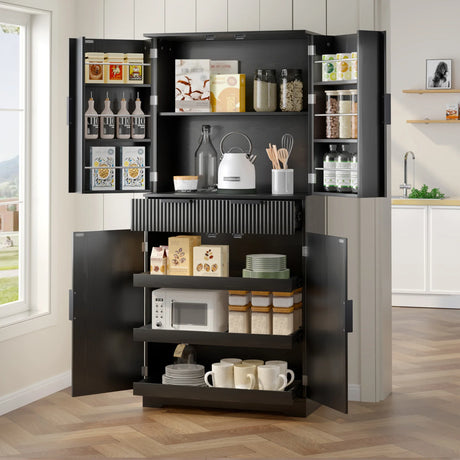Fluted Freestanding Kitchen Pantry Cabinet With Drawers - Omega Lifestyles
