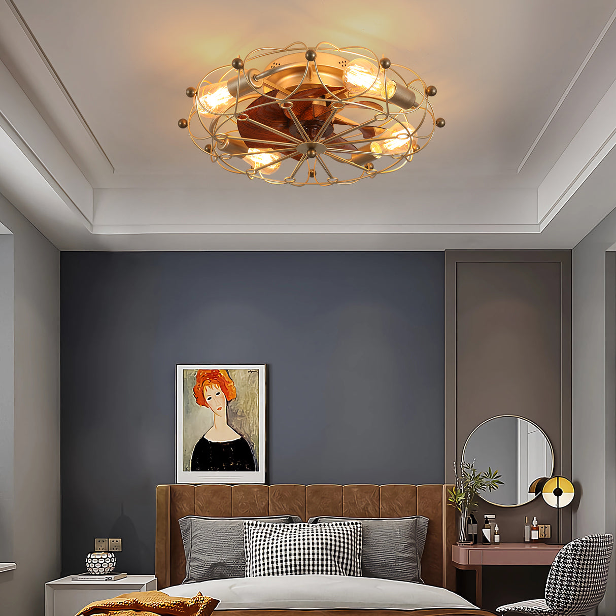 Modern 20-Inch Gold Caged Ceiling Fan With Light