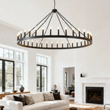 Farmhouse Matte Black Wagon Wheel Chandelier 36-Light 64-Inch - Omega Lifestyles
