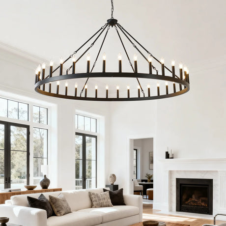 Farmhouse Matte Black Wagon Wheel Chandelier 36-Light 64-Inch - Omega Lifestyles