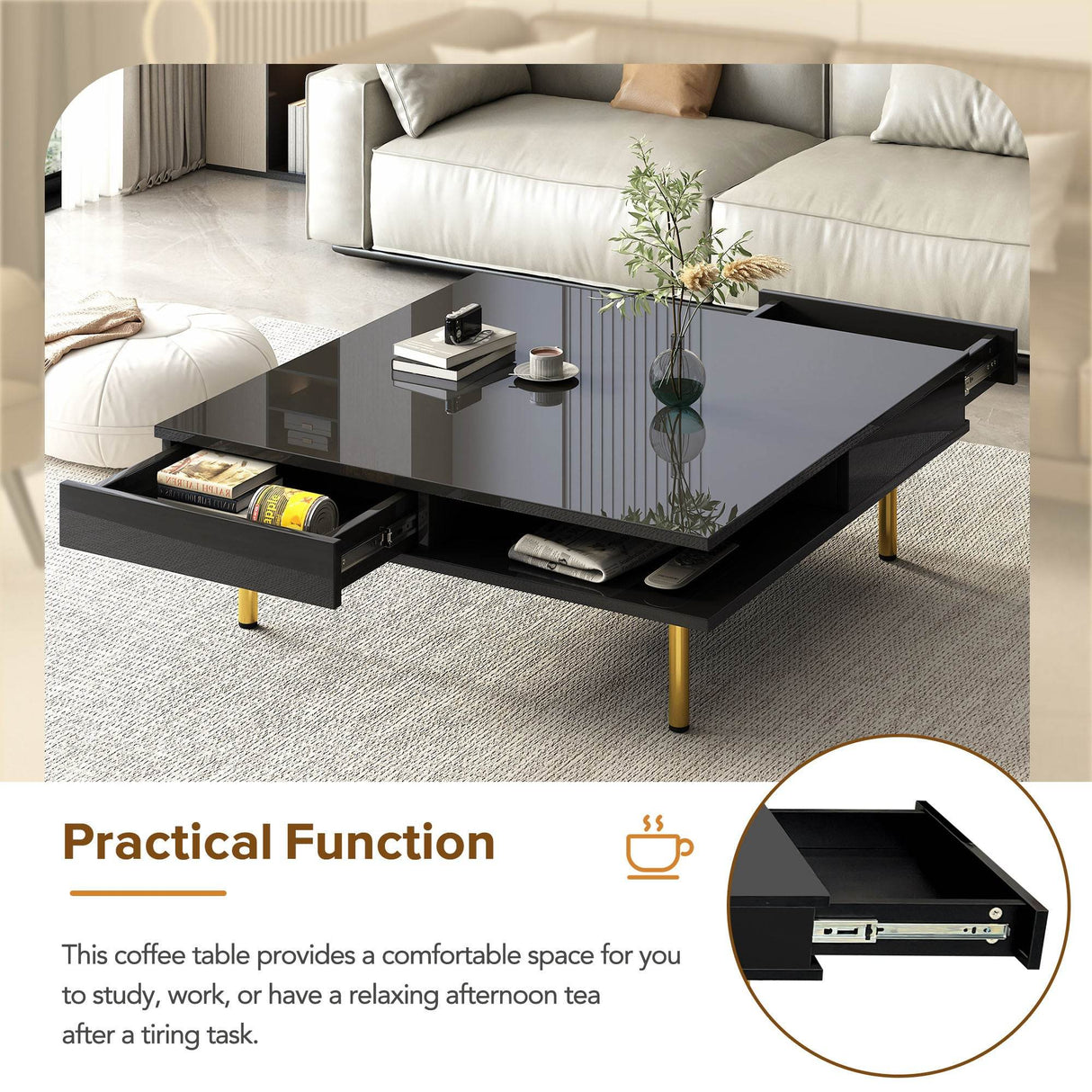 High Gloss Black Coffee Table With Drawers - Omega Lifestyles