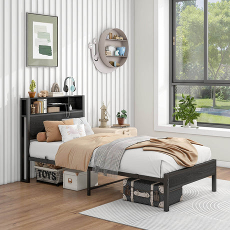 Twin Metal Platform Bed Frame With Storage Headboard Charging Station - Omega Lifestyles