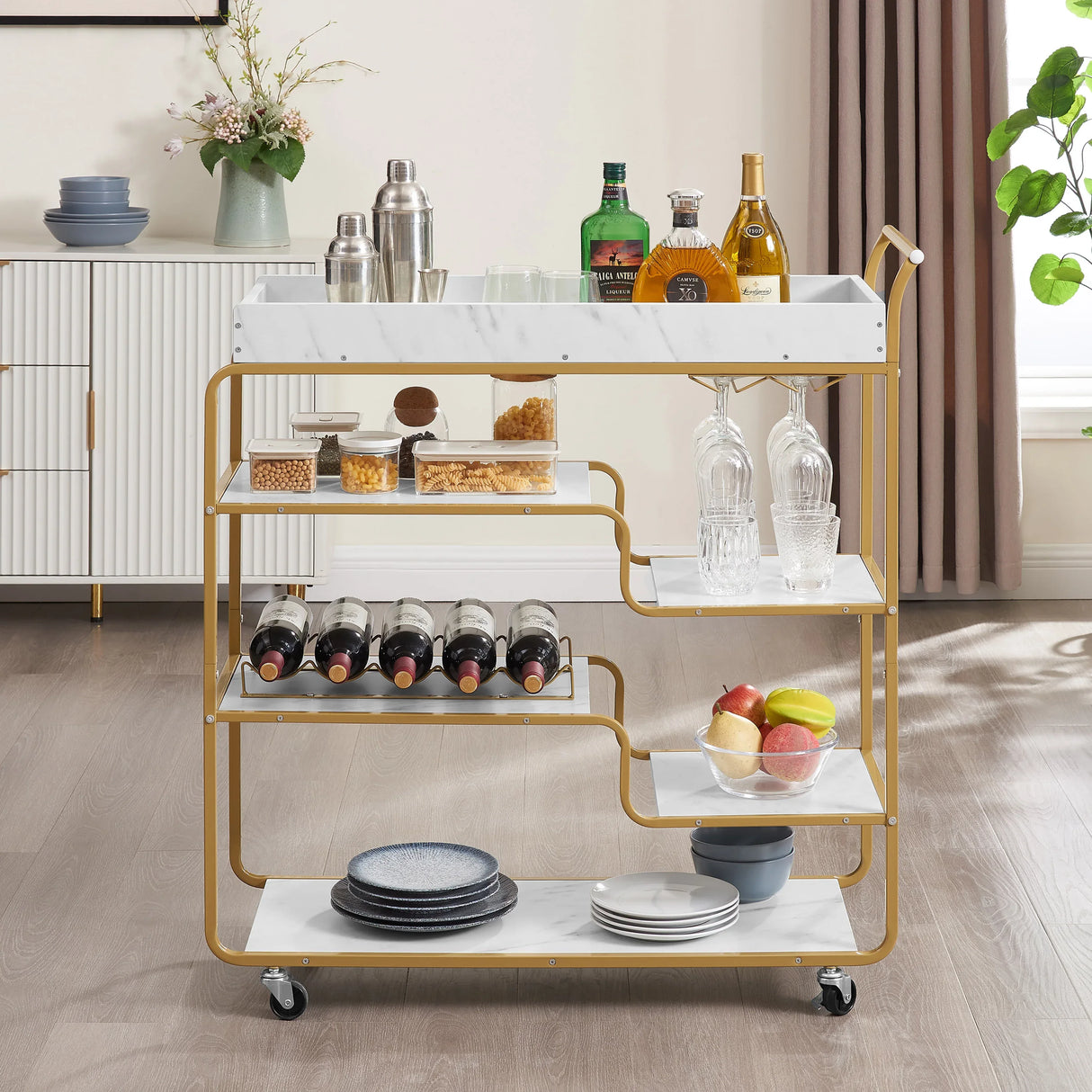 Gold Two-Tier Metal Bar Cart With Wine Rack and Wheels - Omega Lifestyles