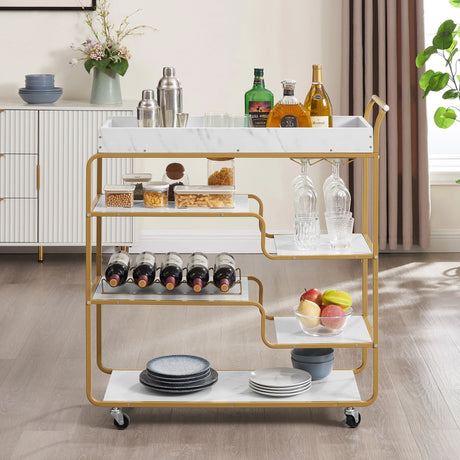 Gold Two-Tier Metal Bar Cart With Wine Rack and Wheels - Omega Lifestyles