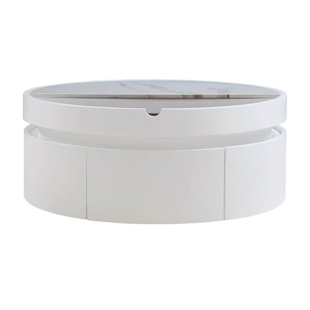 Modern White Walnut Round Lift-Top Coffee Table With Drawer - Omega Lifestyles