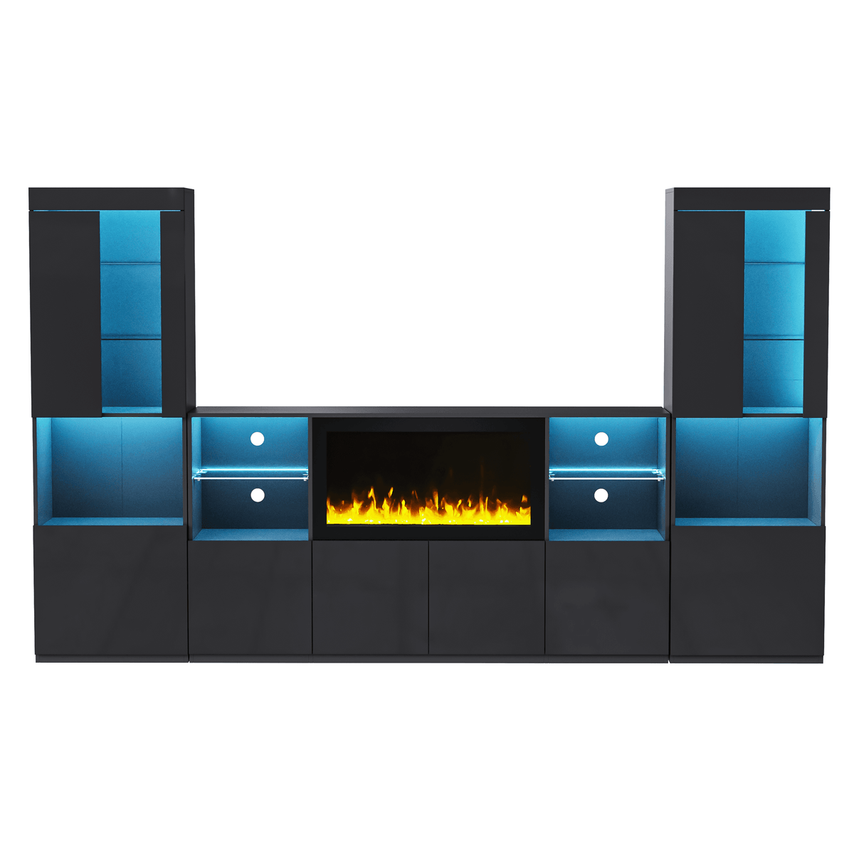 Modern Black LED Fireplace TV Stand with Shelves - Omega Lifestyles