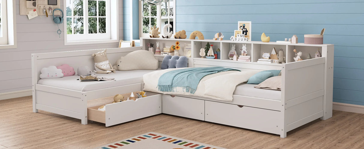 Twin Wood L-Shape Daybed With Storage Drawers - Omega Lifestyles