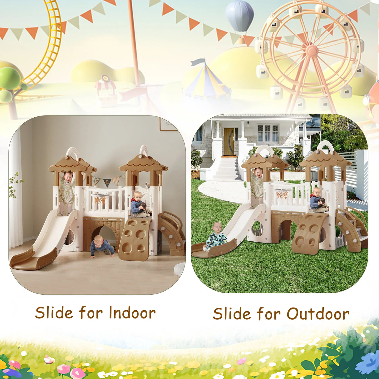 8-in-1 Toddler Freestanding Slide Climber Playset Brown - Omega Lifestyles