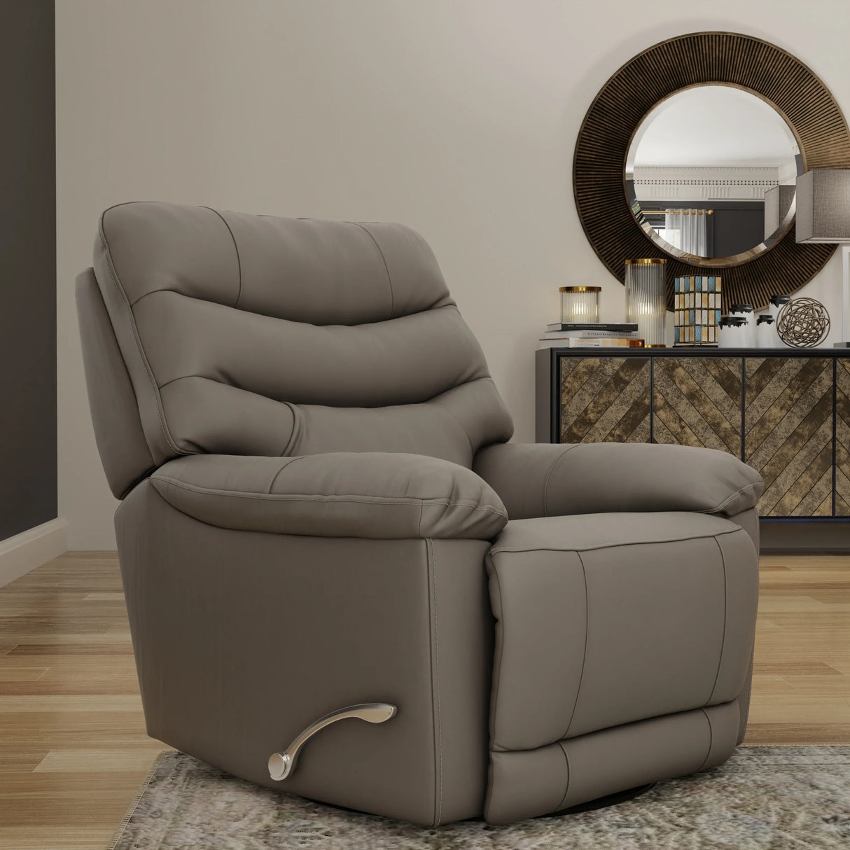 Light Gray Top Grain Leather Swivel Glider Recliner - Omega Lifestyles