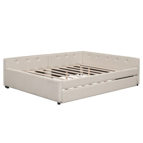 Queen Modern Upholstered Linen Platform Bed With USB Trundle - Omega Lifestyles