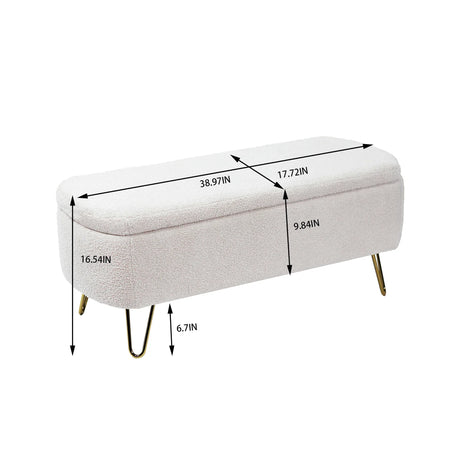 Ivory Faux Fur Upholstered Storage Bench With Gold Legs - Omega Lifestyles