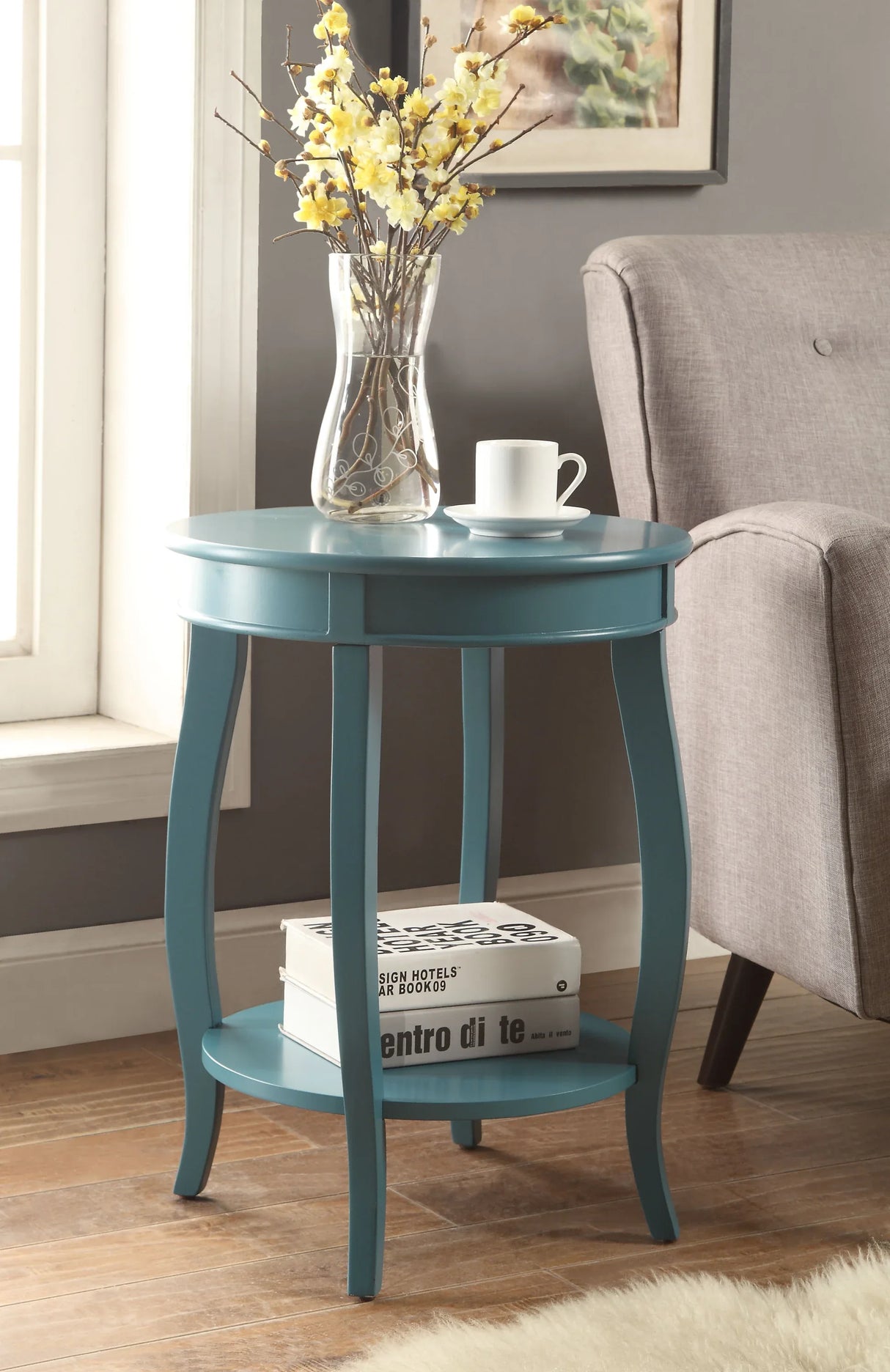 Teal Synthetic Wood Round Leg Accent Table - Omega Lifestyles