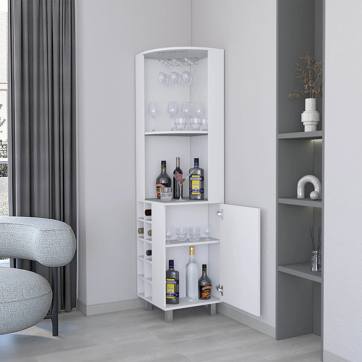 Modern White Corner Bar Cabinet With Wine Rack Storage - Omega Lifestyles