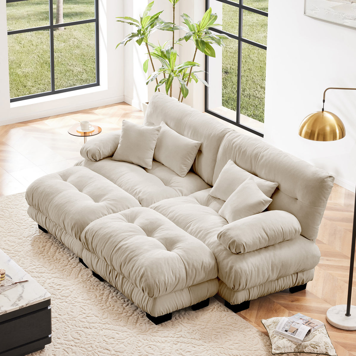 Chenille Cloud 2-Seater Sleeper Sofa With Ottomans