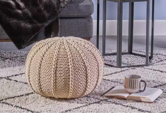 Beige Cotton Knitted Round Pouf Seat - Omega Lifestyles
