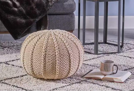 Beige Cotton Knitted Round Pouf Seat - Omega Lifestyles