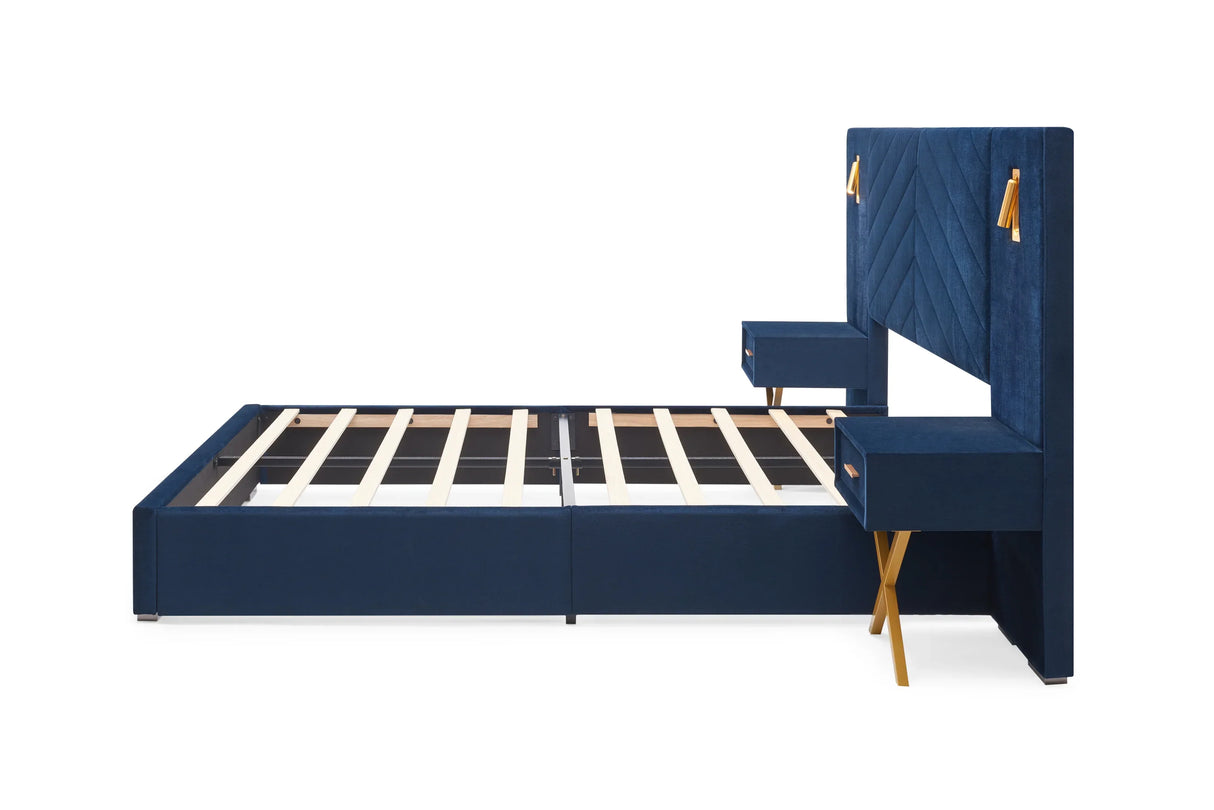 Queen Blue Velvet Wingback Upholstered Platform Bed Frame - Omega Lifestyles