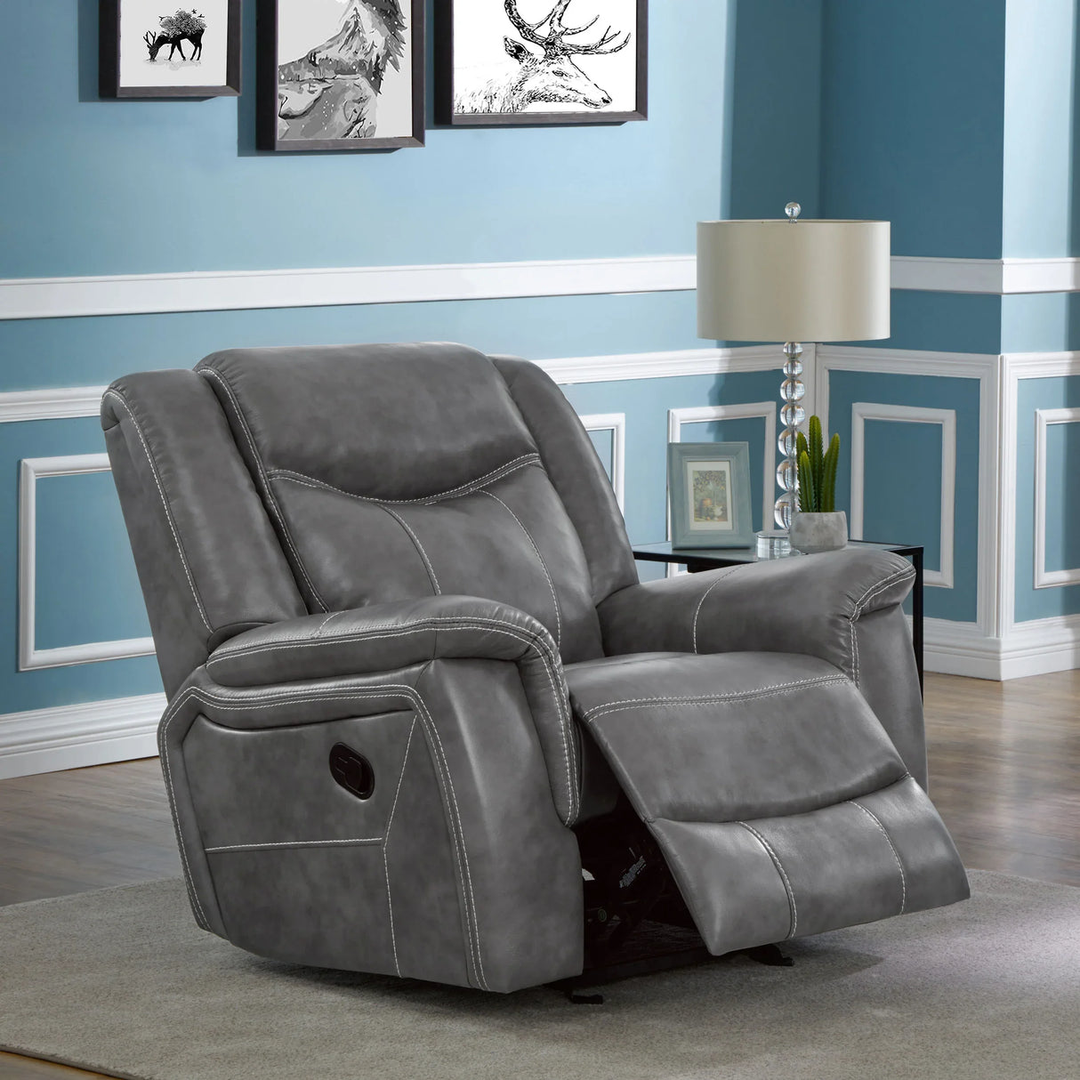 Grey Upholstered Faux Leather Padded Arm Glider Recliner - Omega Lifestyles