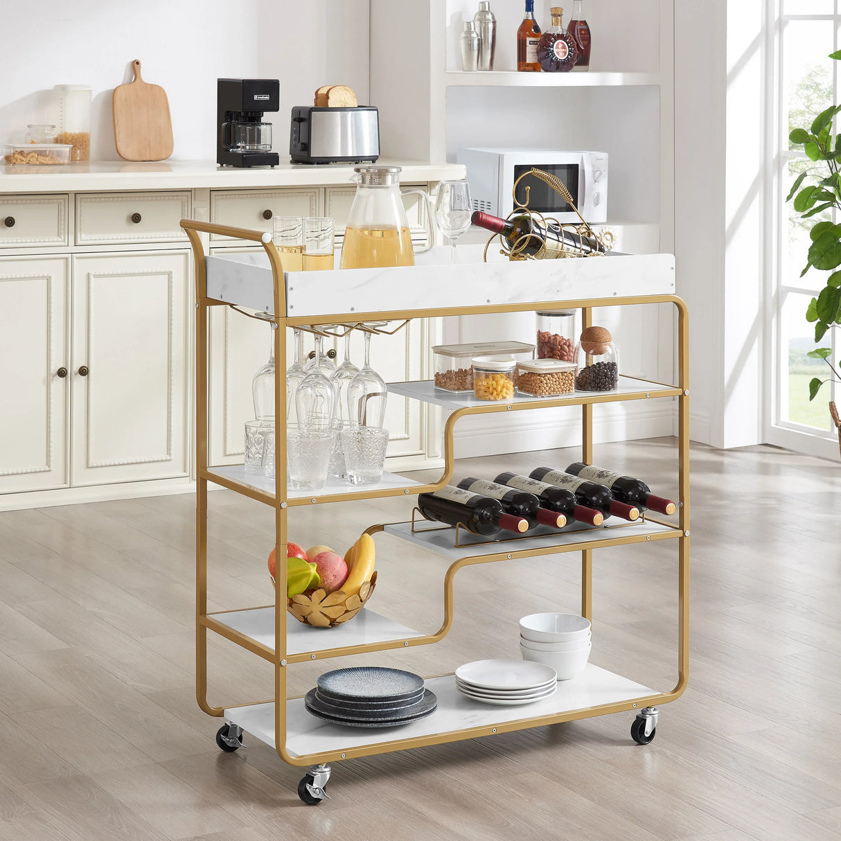 Gold Two-Tier Metal Bar Cart With Wine Rack and Wheels - Omega Lifestyles
