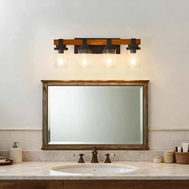 Matte Black Wooden Glass Shade 4-Light Ceiling Lamp - Omega Lifestyles